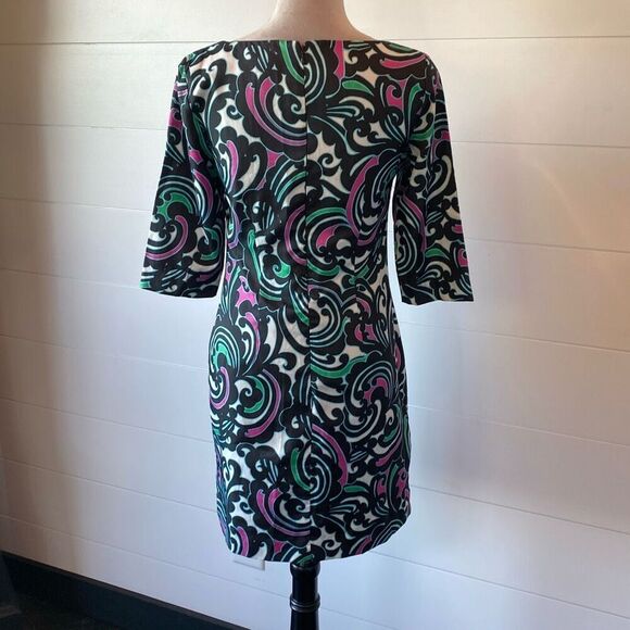 Banana Republic Black Pink Green Scroll Swirl 3/4 Sleeve Shift Dress Size 2 - Picture 5 of 8